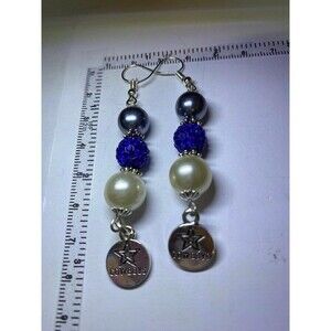 Dallas Cowboy Looking Earrings Silver Tone with Royal Blue and White Pearls
